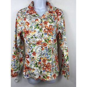 Susan Graver Style Orange Blue Floral Print Button Front Jacket Stretch Cotton